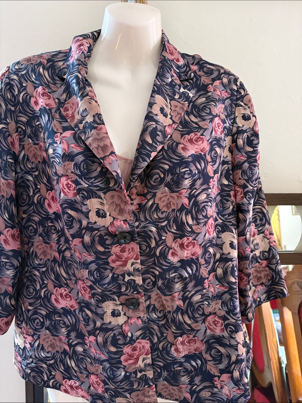 Navy Floral Button-Front Blazer Jacket - Pink & Cream Floral